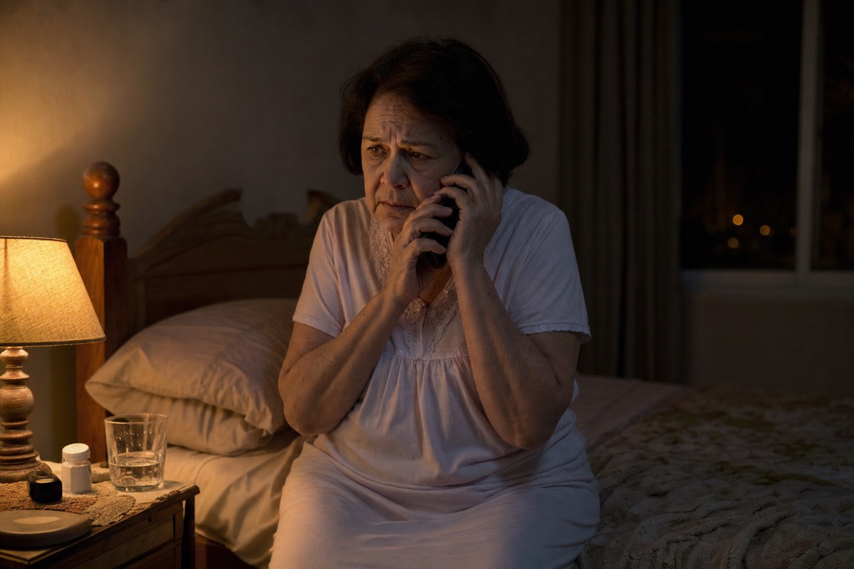 A worried woman in her seventies sits on the edge of her bed at night, holding a phone to her ear