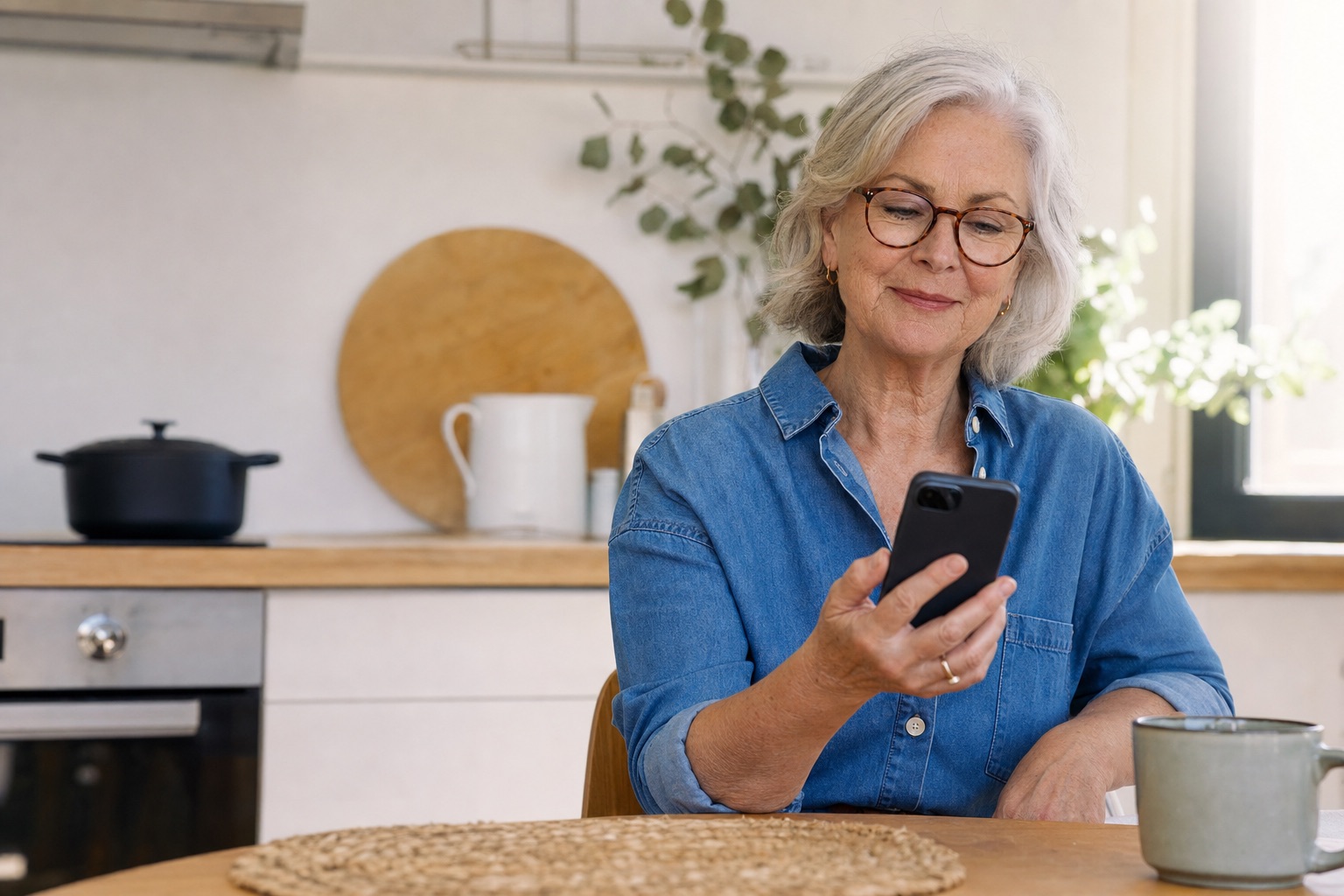 A relaxed older woman calmly checking a message on her phone in her kitchen